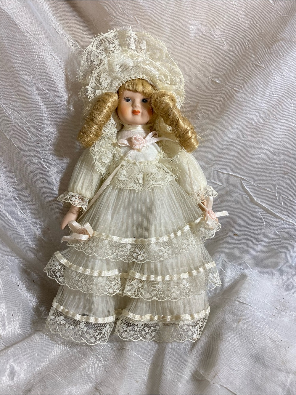 Porcelain Victorian-Style Doll in Ivory Lace Dress